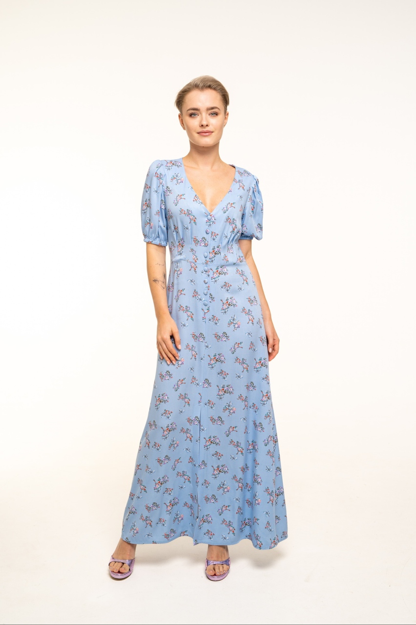 Платье макси из 100% вискозы с рукавом 3/4 в голубом цвете