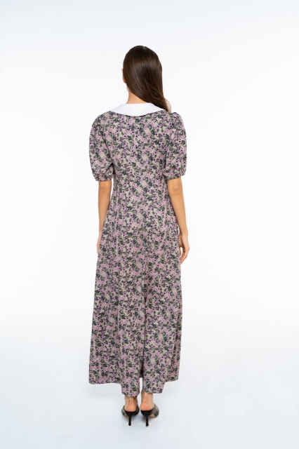 Платье макси из 100% вискозы с белым воротником в оливковом цвете